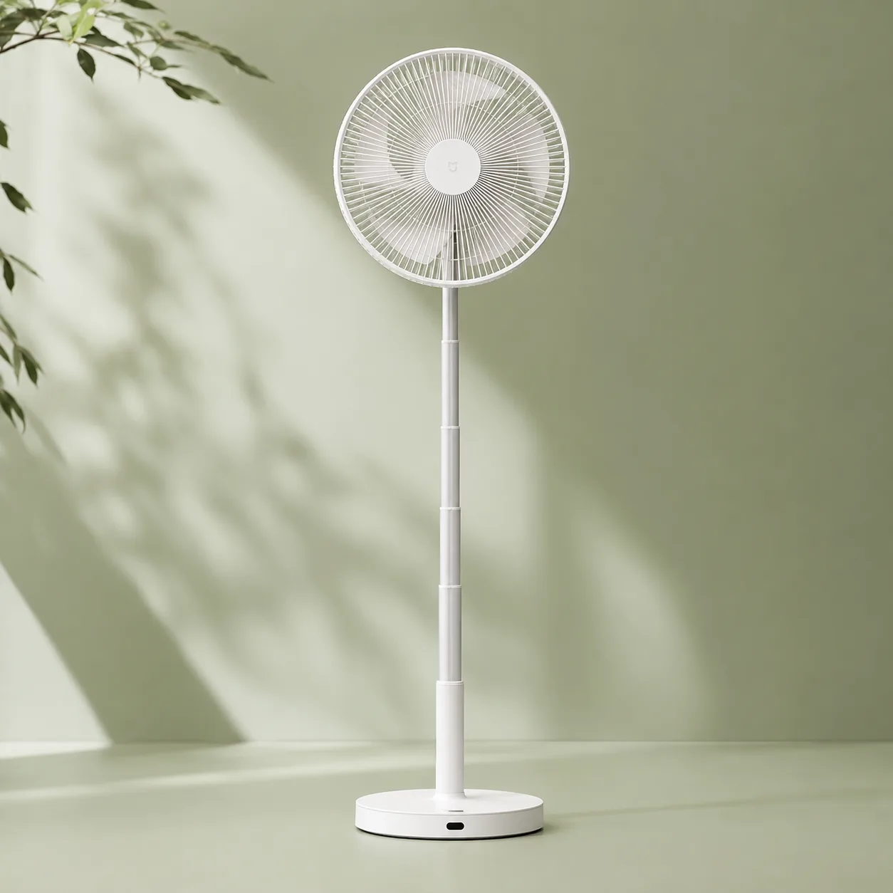 Ventilateur sur pied blanc déployé devant un mur vert sauge traversé par des ombres de feuillage