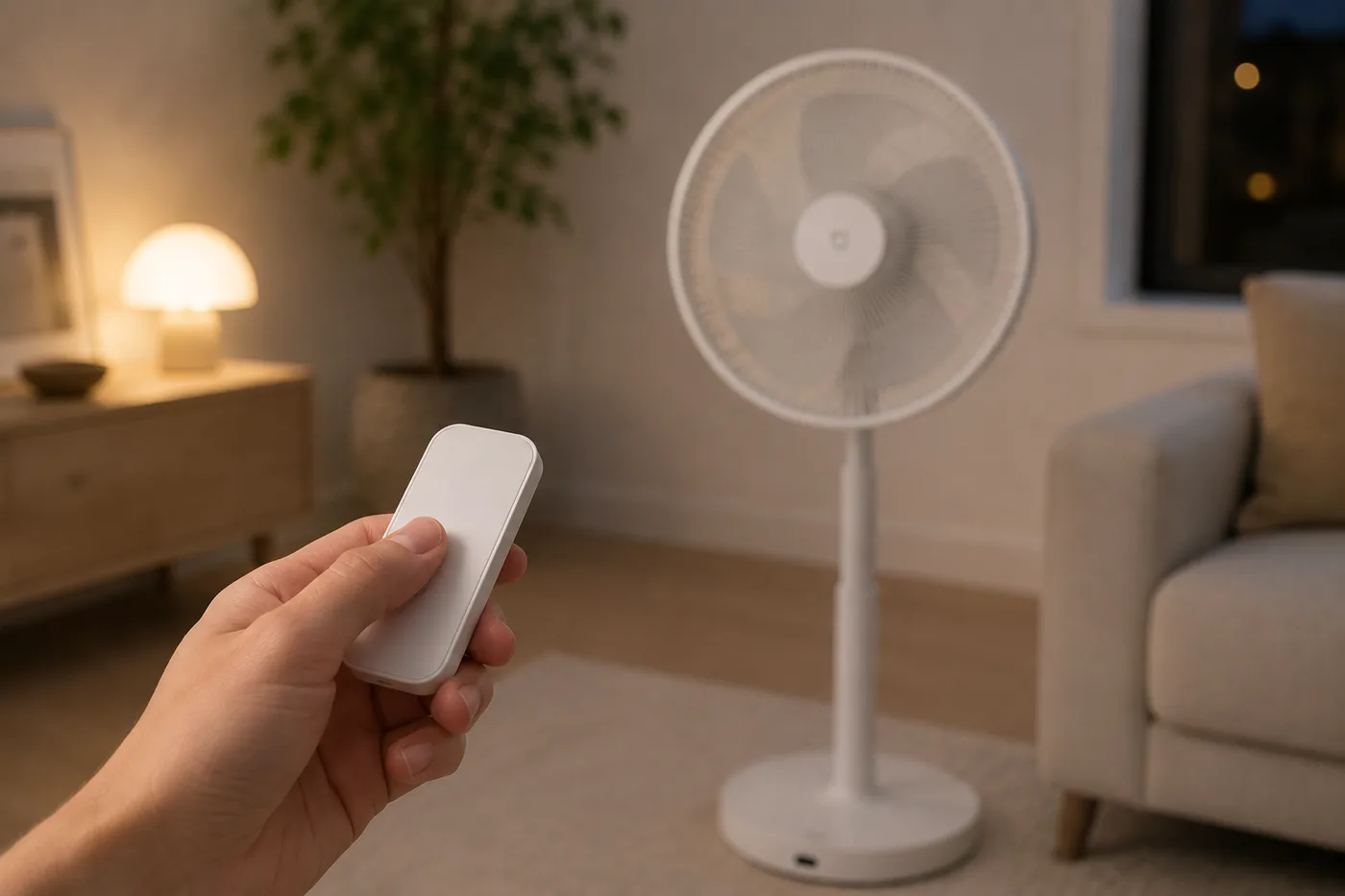 Une main tient la télécommande devant le ventilateur allumé dans un salon en soirée
