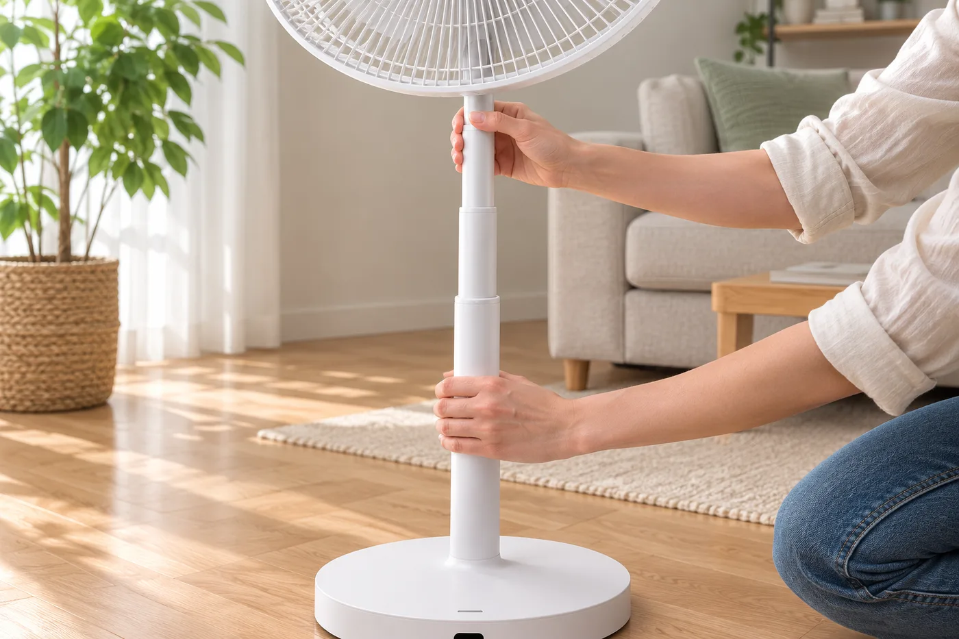 Une personne accroupie déploie le mât télescopique du ventilateur dans un salon