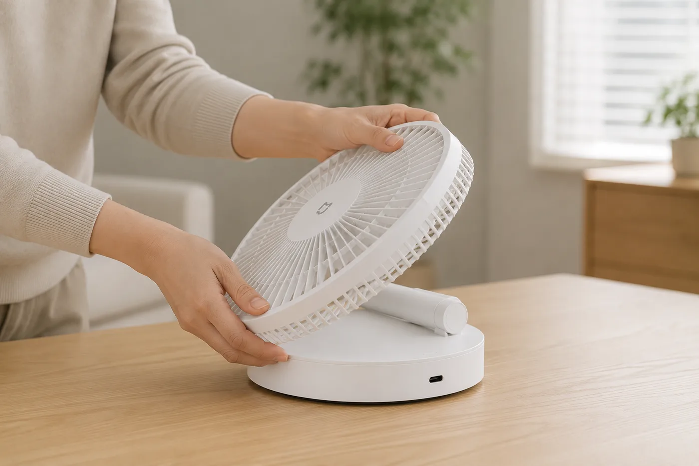 Deux mains reposent la tête du ventilateur sur son socle pour le passer en mode table