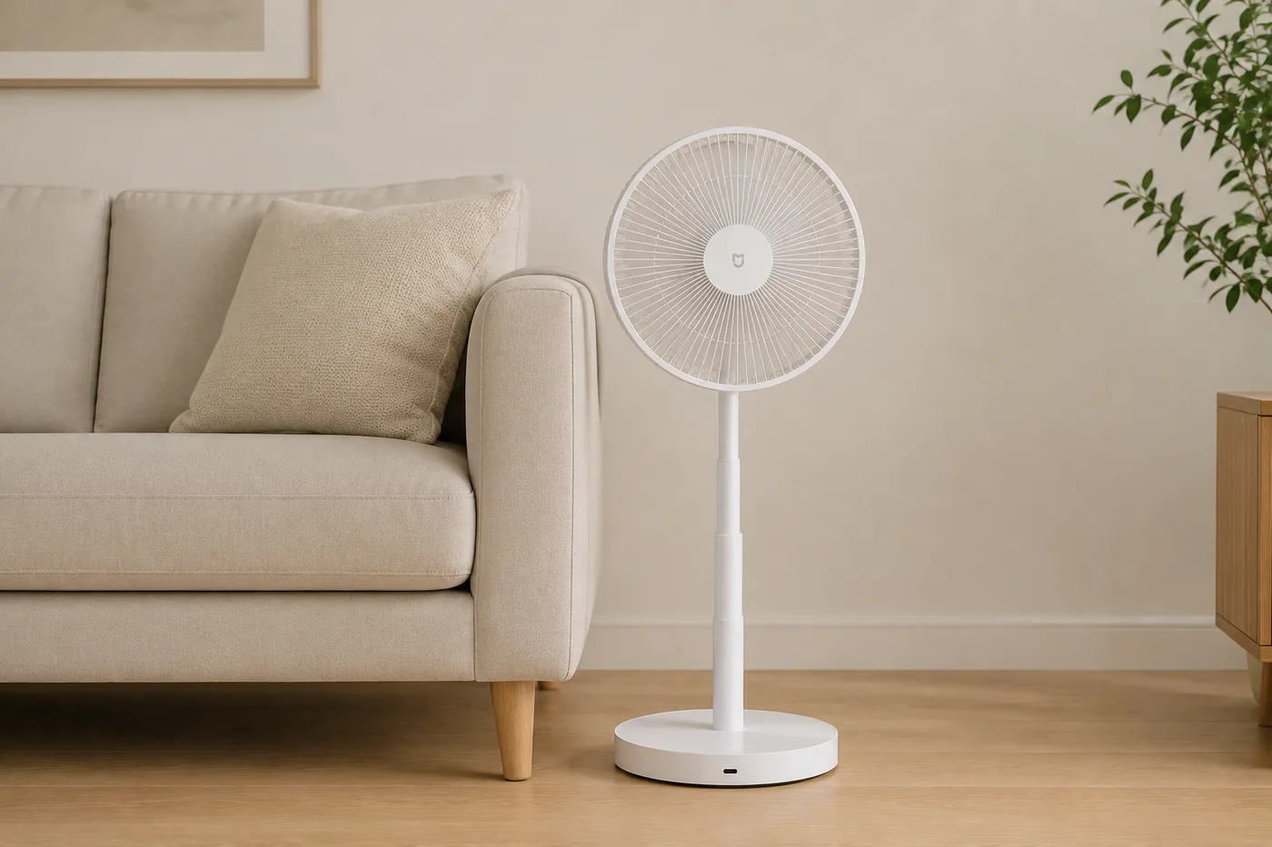 Ventilateur sur pied blanc posé à côté d'un canapé beige dans un séjour clair