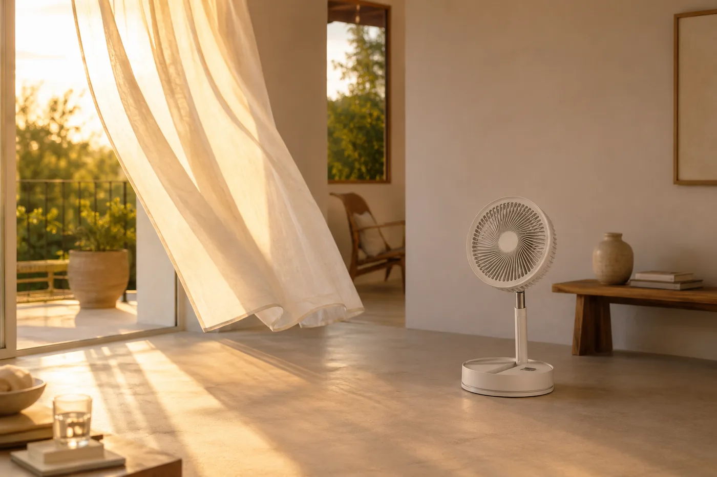 Un rideau soulevé par le souffle du ventilateur posé près d'une fenêtre
