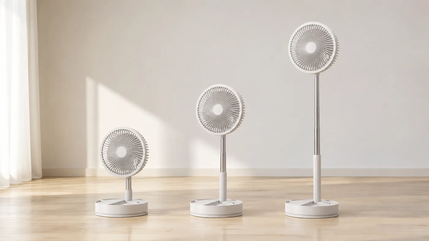 Le même ventilateur photographié à trois hauteurs, du mode table au pied entièrement déployé