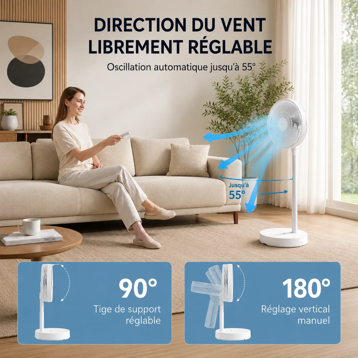 Schéma des réglages d'orientation du ventilateur : oscillation automatique et inclinaison verticale